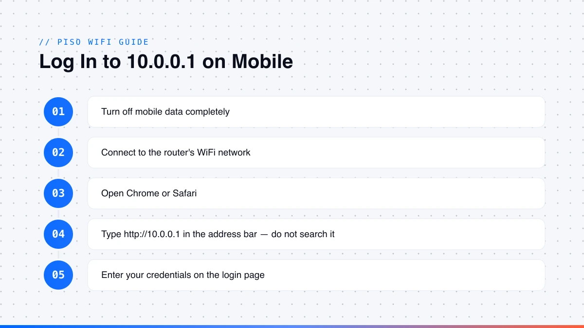 Steps to log in to 10.0.0.1 admin panel on a mobile phone
